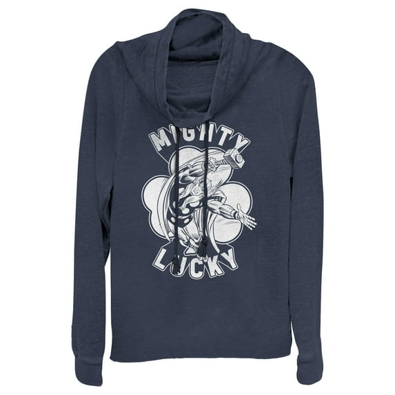 Junior's Marvel St. Patrick's Day Thor Mighty Lucky Clover Cowl Neck Sweatshirt Navy Blue Small