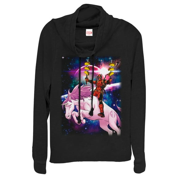 Junior's Marvel Taco Deadpool on Space Unicorn Cowl Neck Sweatshirt Black Medium