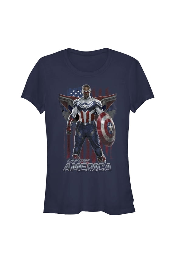 Junior's Marvel The Falcon and the Winter Soldier Captain America Ready  Graphic Tee Navy Blue Medium