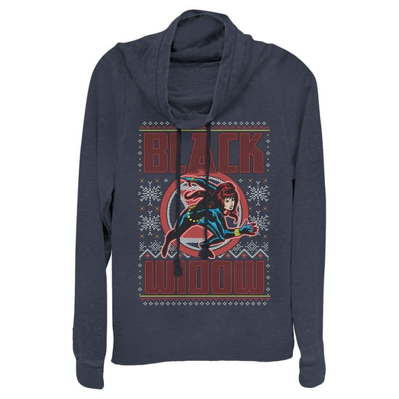 Junior's Marvel Ugly Christmas Black Widow Snow  Cowl Neck Sweatshirt Navy Blue Large