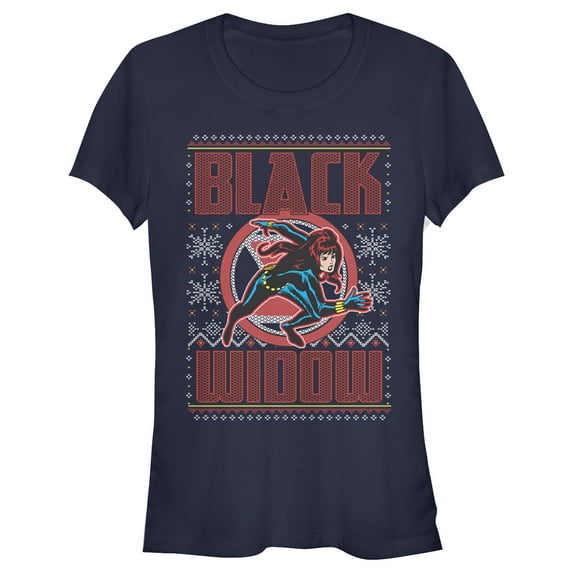 Junior's Marvel Ugly Christmas Black Widow Snow Graphic Tee Navy Blue Small
