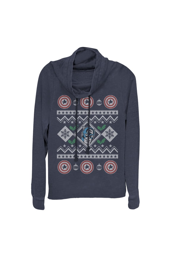 Junior's Marvel Ugly Christmas Captain America  Cowl Neck Sweatshirt Navy Blue 3X Large