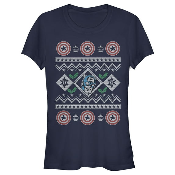 Junior's Marvel Ugly Christmas Captain America Graphic Tee Navy Blue Small