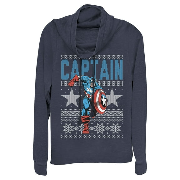 Junior's Marvel Ugly Christmas Captain America Star Cowl Neck Sweatshirt Navy Blue Medium