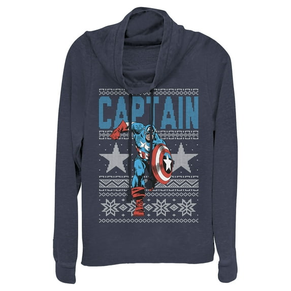 Junior's Marvel Ugly Christmas Captain America Star Cowl Neck Sweatshirt Navy Blue Small