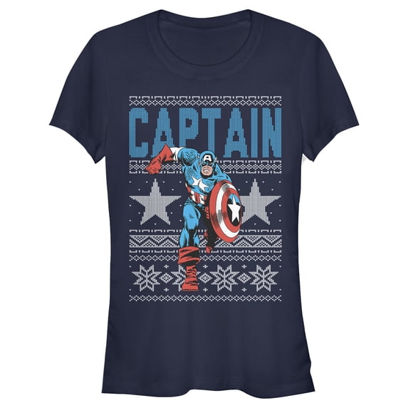 Junior's Marvel Ugly Christmas Captain America Star Graphic Tee Navy Blue Large