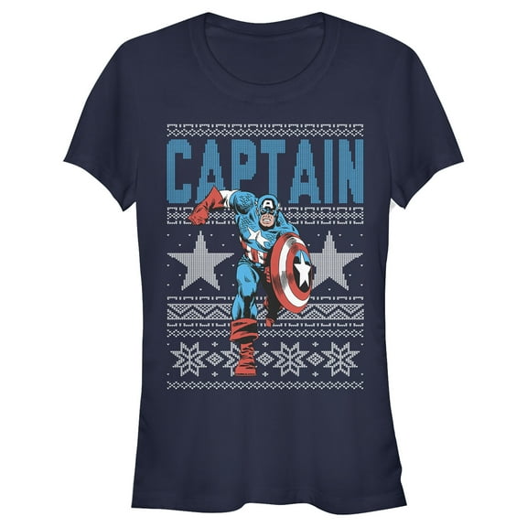 Junior's Marvel Ugly Christmas Captain America Star  Graphic Tee Navy Blue Medium