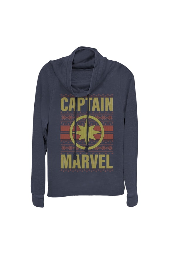 Junior's Marvel Ugly Christmas Captain Marvel Cowl Neck Sweatshirt Navy Blue 4X Large