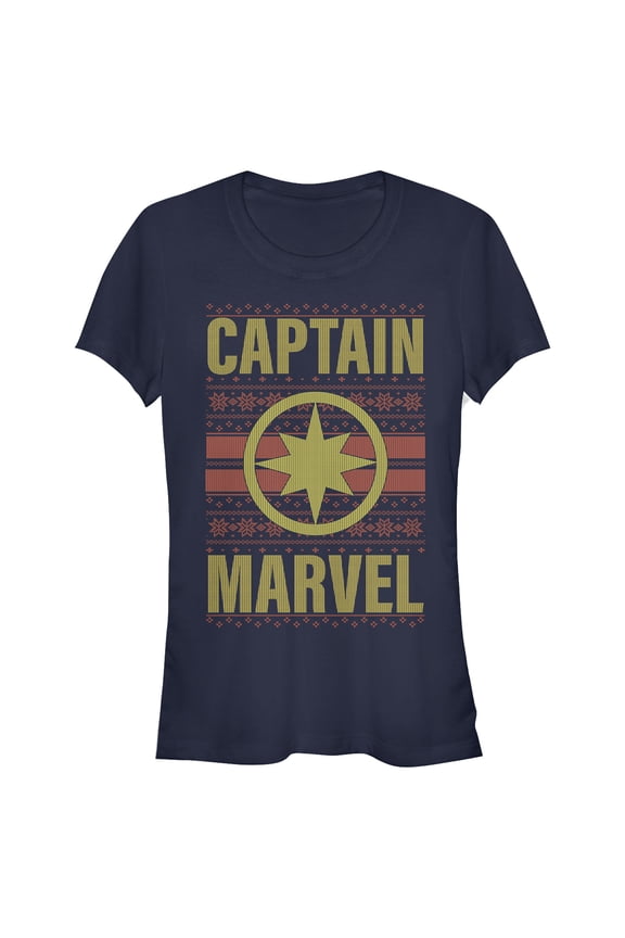 Junior's Marvel Ugly Christmas Captain Marvel Graphic Tee Navy Blue X Large