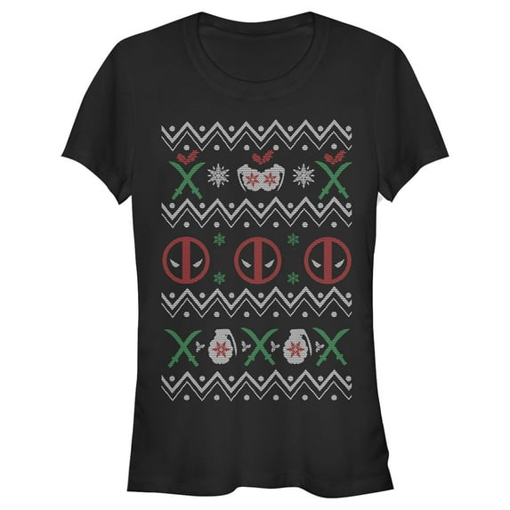 Junior's Marvel Ugly Christmas Deadpool Graphic Tee Black Medium