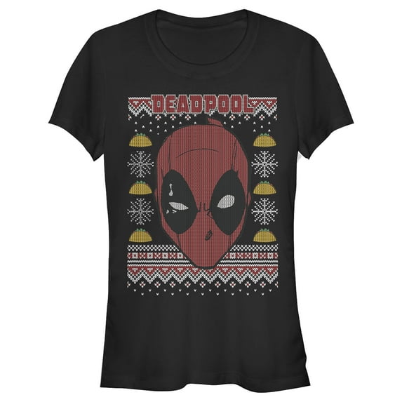 Junior's Marvel Ugly Christmas Deadpool Mask Graphic Tee Black 2X Large