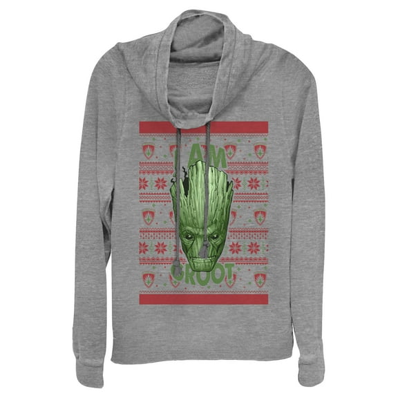 Junior's Marvel Ugly Christmas Guardians of the Galaxy Groot Portrait  Cowl Neck Sweatshirt Gray Heather Small