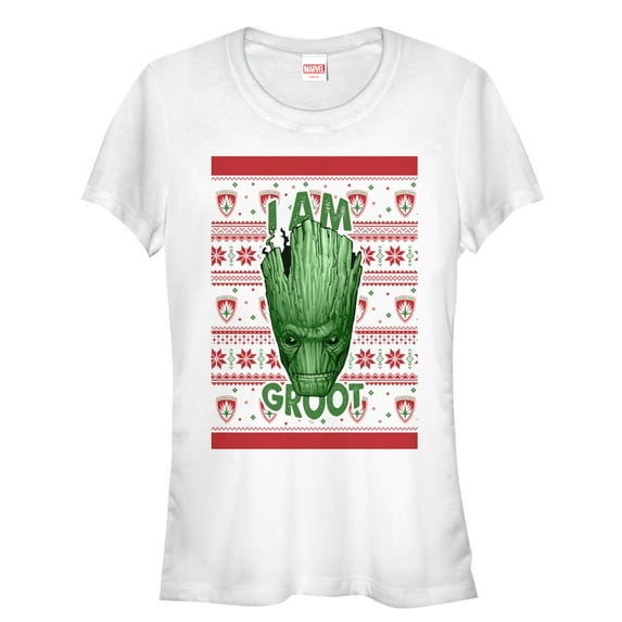 Junior's Marvel Ugly Christmas Guardians of the Galaxy Groot Portrait Graphic Tee White Large