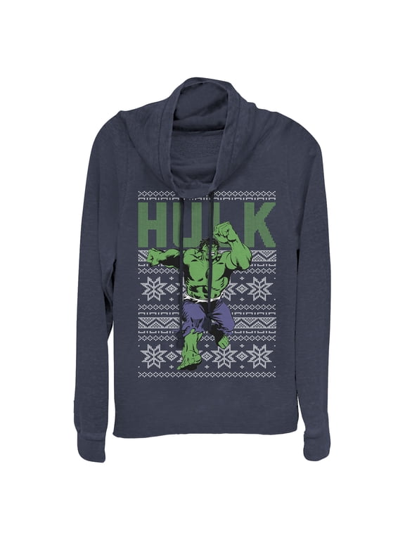 Junior's Marvel Ugly Christmas Hulk Cowl Neck Sweatshirt Navy Blue 3X Large