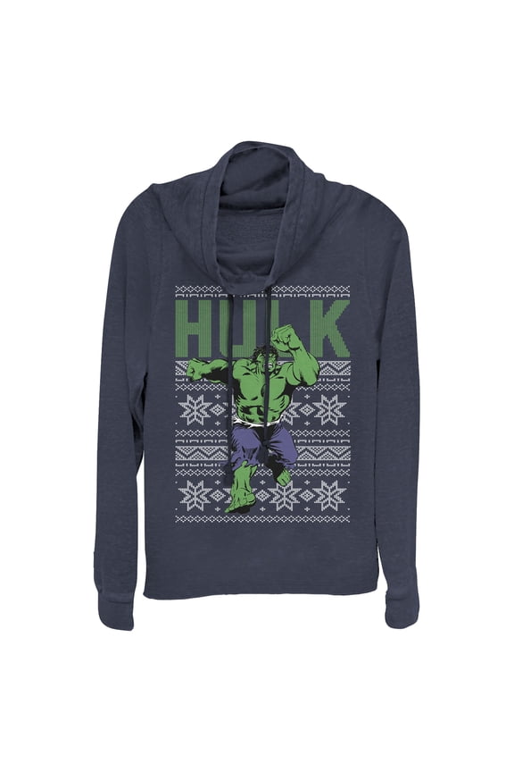 Junior's Marvel Ugly Christmas Hulk  Cowl Neck Sweatshirt Navy Blue Medium