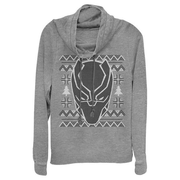 Junior's Marvel Ugly Christmas Panther Mask  Cowl Neck Sweatshirt Gray Heather 2X Large