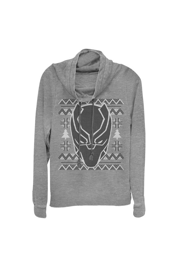 Junior's Marvel Ugly Christmas Panther Mask Cowl Neck Sweatshirt Gray Heather Large