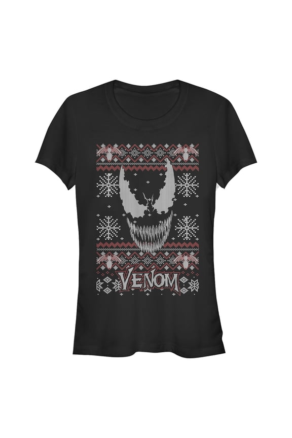 Junior's Marvel Ugly Christmas Venom Face Graphic Tee Black Small