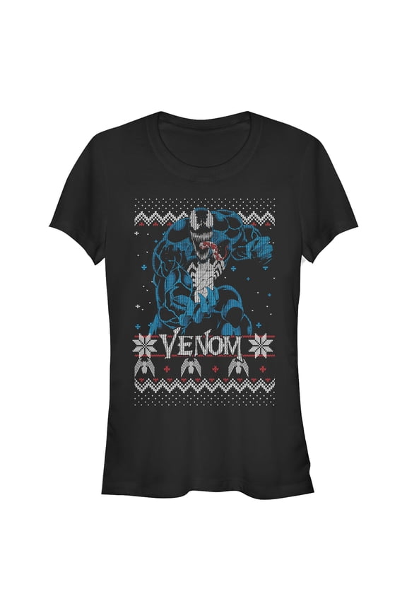Junior's Marvel Ugly Christmas Venom Pose Graphic Tee Black Medium