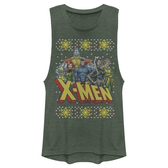 Junior's Marvel Ugly Christmas X-Men Group  Festival Muscle Graphic Tee Pine Green Heather X Large