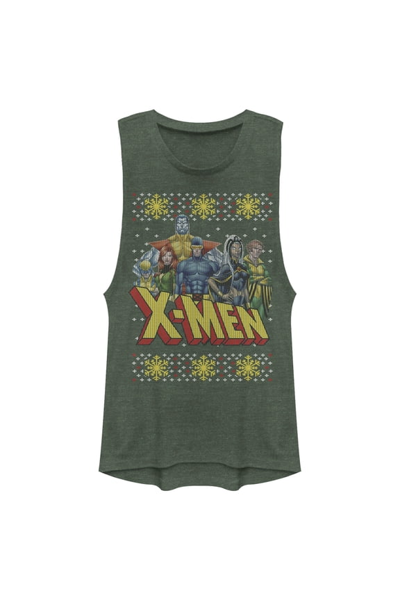 Junior's Marvel Ugly Christmas X-Men Group Festival Muscle Graphic Tee Pine Green Heather X Small