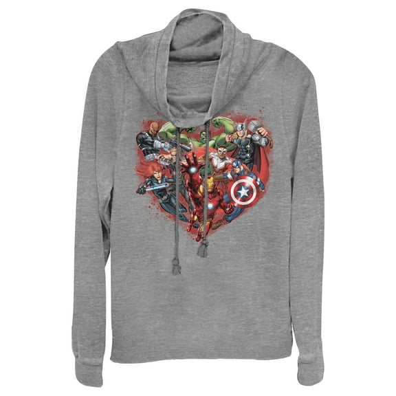 Junior's Marvel Valentine's Day Avenger Heart Collage  Cowl Neck Sweatshirt Gray Heather 2X Large