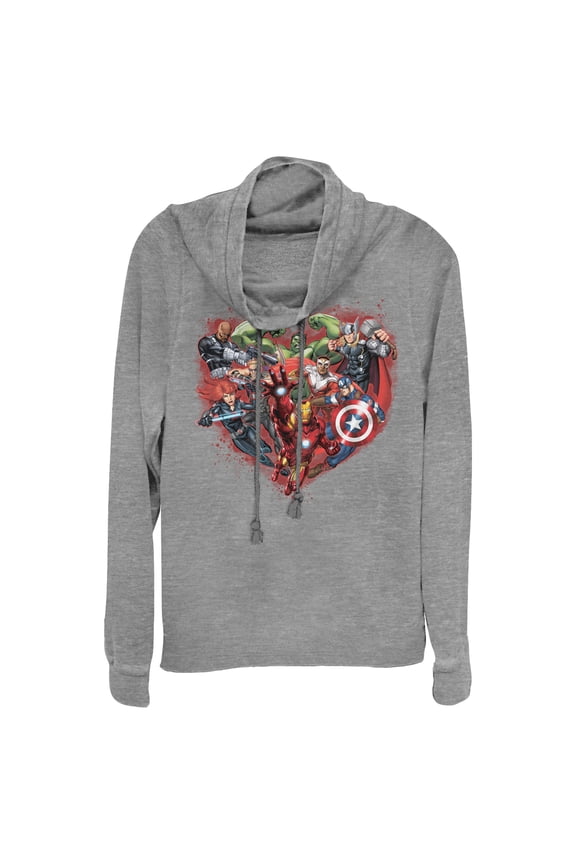 Junior's Marvel Valentine's Day Avenger Heart Collage Cowl Neck Sweatshirt Gray Heather 4X Large