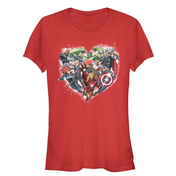 Junior's Marvel Valentine's Day Avenger Heart Collage Graphic Tee Red Large