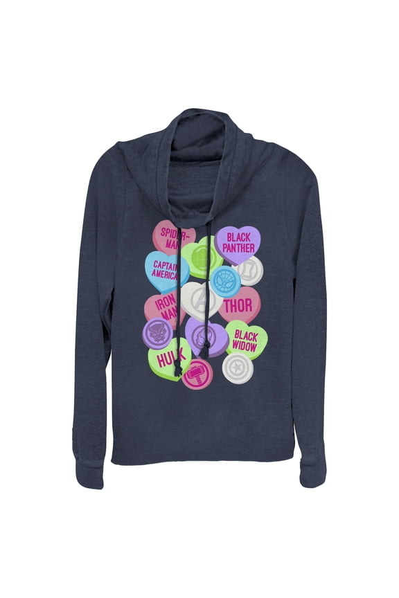 Junior's Marvel Valentine's Day Candy Heart Heroes  Cowl Neck Sweatshirt Navy Blue Large