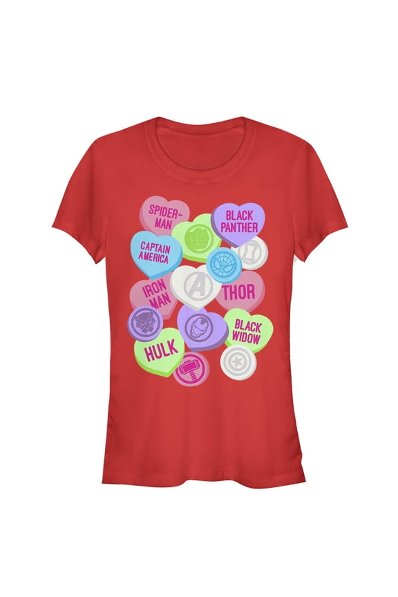 Junior's Marvel Valentine's Day Candy Heart Heroes Graphic Tee Red Small