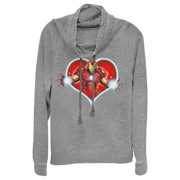 Junior's Marvel Valentine's Day Iron Man Heart Frame Cowl Neck Sweatshirt Gray Heather 2X Large
