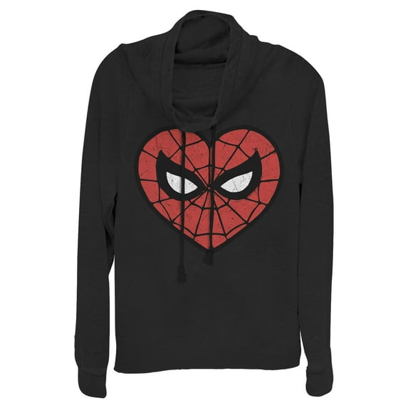 Junior's Marvel Valentine's Day Spider-Man Heart Mask Cowl Neck Sweatshirt Black X Small
