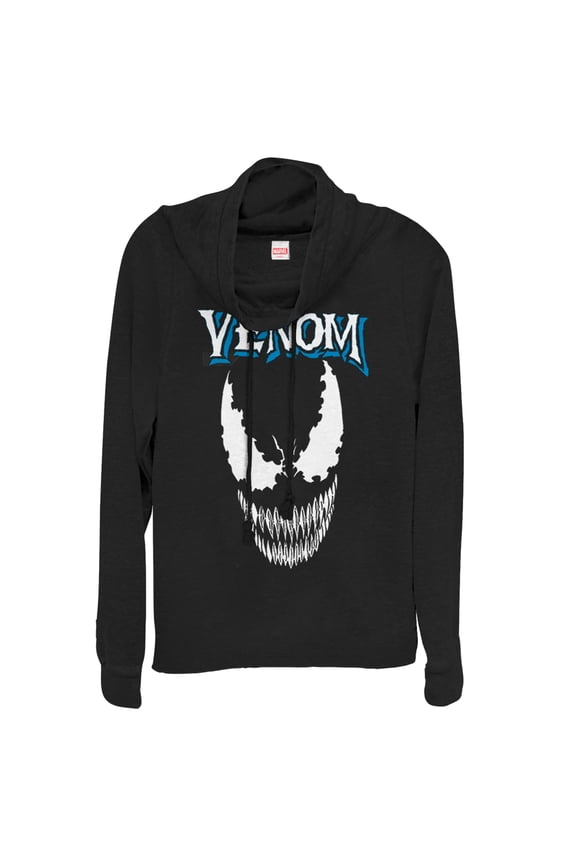 Junior's Marvel Venom Face Logo Cowl Neck Sweatshirt Black Small