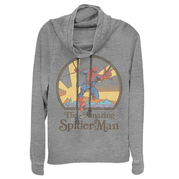 Junior's Marvel Vintage Spider-Man Sun  Cowl Neck Sweatshirt Gray Heather Large