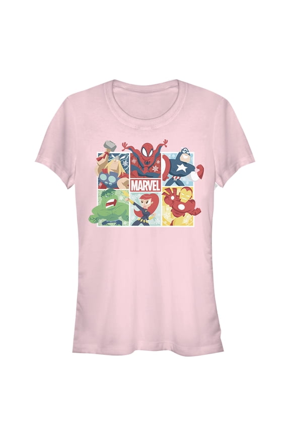 Junior's Marvel Winter Holiday Heroes  Graphic Tee Light Pink Medium