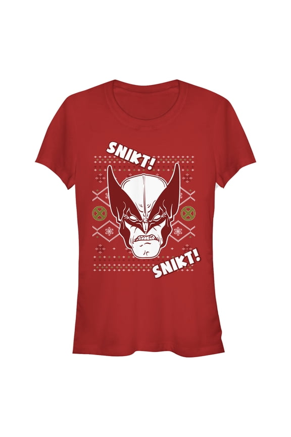 Junior's Marvel X-Men Wolverine Snikt Ugly Sweater Graphic Tee Red Medium