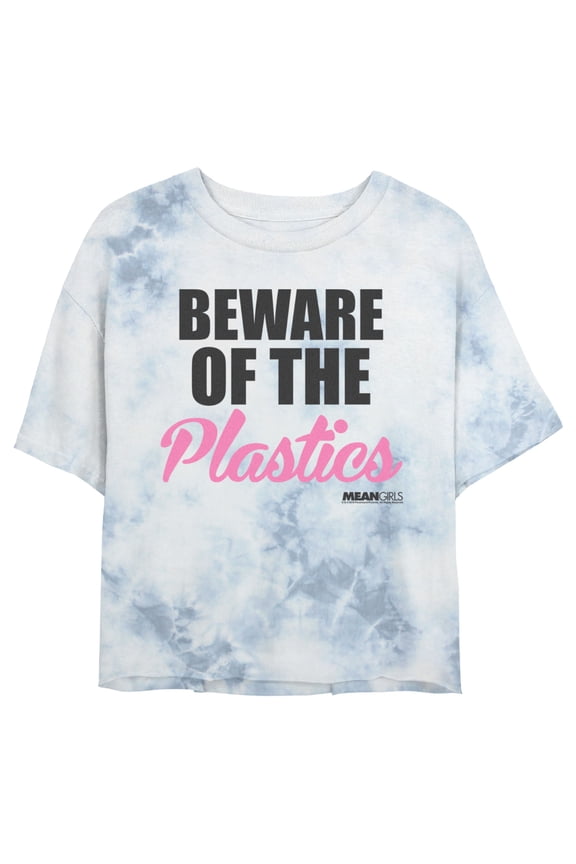 Junior's Mean Girls Beware of the Plastics Quote Graphic Crop T-Shirt White/Blue Small