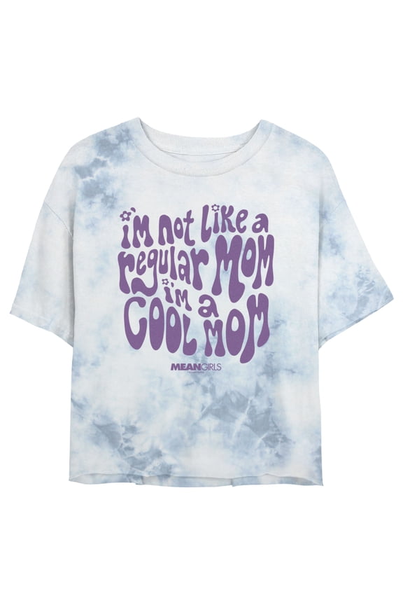Junior's Mean Girls I'm Not a Regular Mom Groovy Purple Crop Graphic Tee White/Blue Small