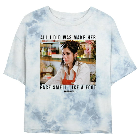 Junior's Mean Girls Janis Photo Smell Like a Foot Graphic Crop T-Shirt White/Blue Small