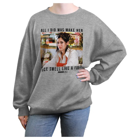 Junior's Mean Girls Janis Ian Portrait Smell Like a Foot  Sweatshirt Heather Gray Small