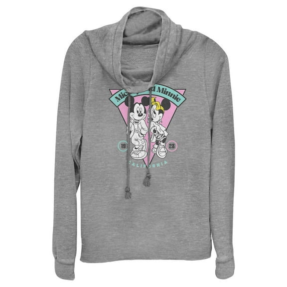 Junior's Mickey & Friends 80s Mickey and Minnie California Logo  Cowl Neck Sweatshirt Gray Heather Large