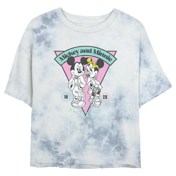 Junior's Mickey & Friends 80s Mickey and Minnie California Logo Crop Graphic Tee White/Blue Small
