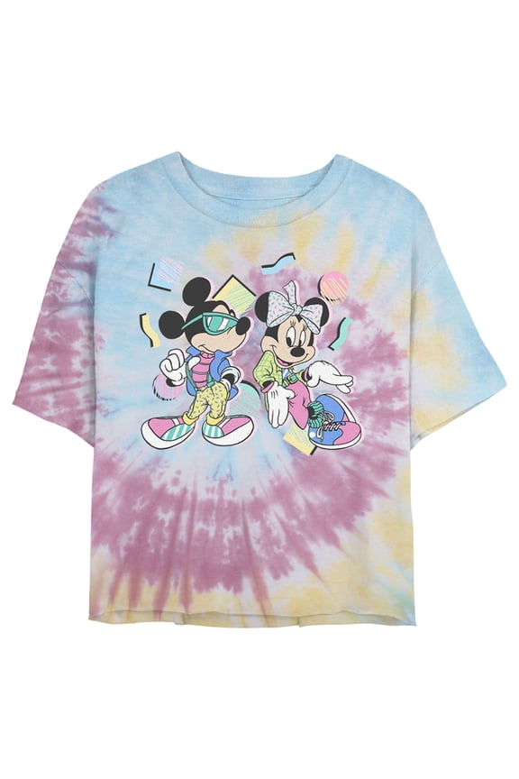 Juniors' Mickey & Friends '80s Minnie and Mickey Mouse Graphic Cropped T-Shirt Blue/Pink/Light Yellow X Large