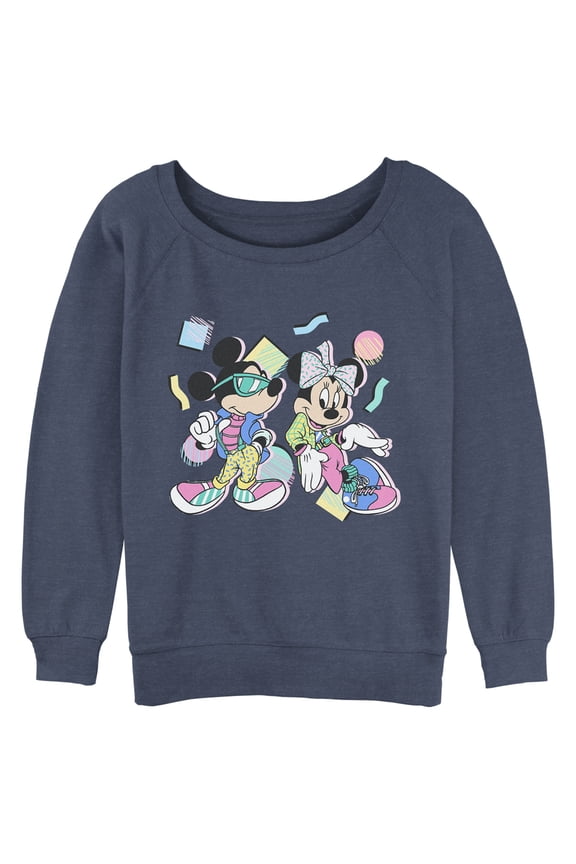 Junior's Mickey & Friends 80s Minnie and Mickey Mouse Sweatshirt Blue Heather Small