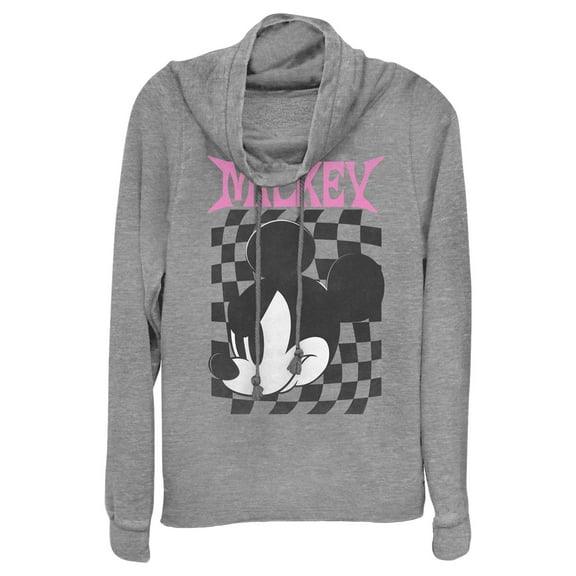 Junior's Mickey & Friends Angry Checker Logo Cowl Neck Sweatshirt Gray Heather Large