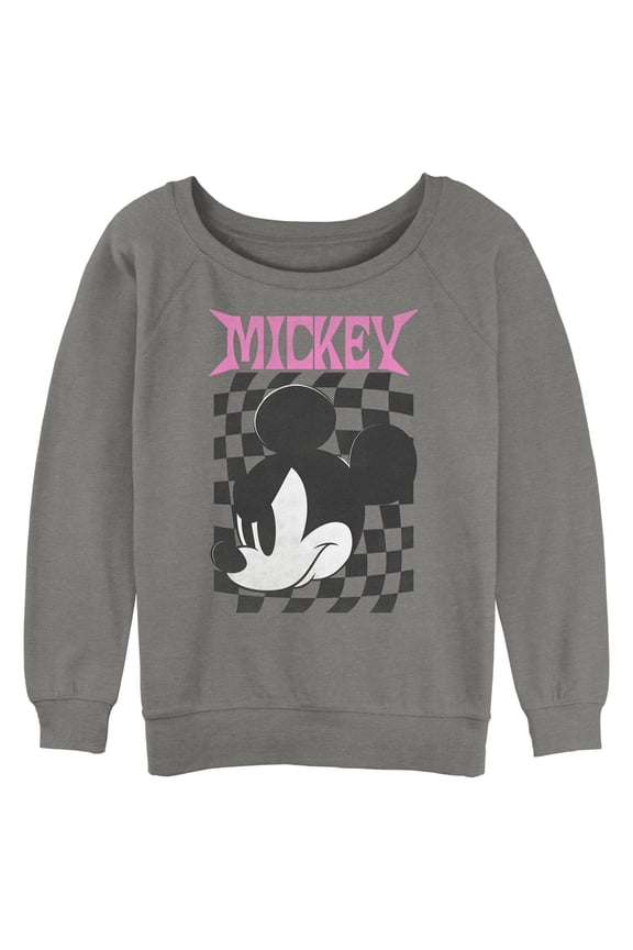 Junior's Mickey & Friends Angry Checker Logo Sweatshirt Gray Heather Large