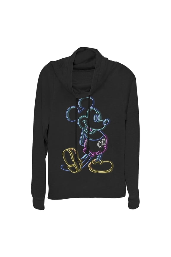 Junior's Mickey & Friends Bright Neon Mickey Mouse Outline Cowl Neck Sweatshirt Black Medium