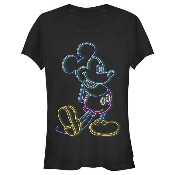Junior's Mickey & Friends Bright Neon Mickey Mouse Outline  Graphic Tee Black X Large