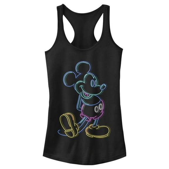Junior's Mickey & Friends Bright Neon Mickey Mouse Outline  Racerback Tank Top Black X Large