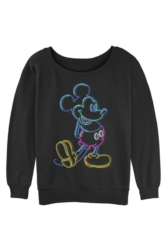 Junior's Mickey & Friends Bright Neon Mickey Mouse Outline Sweatshirt